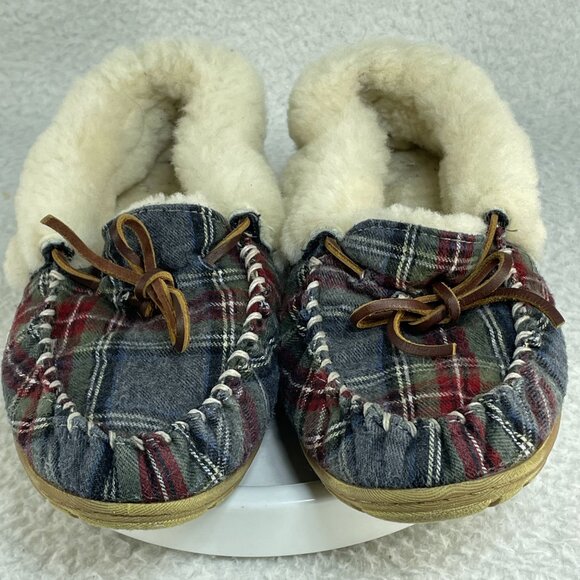 L.L. Bean Shoes Women’s 8 Blue Red Multicolor Plaid Moccasins Sherpa Slippers - Picture 4 of 7